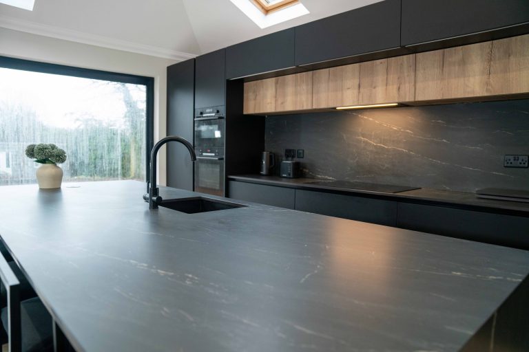 Belvedere Black porcelain worktop with large island in Dublin