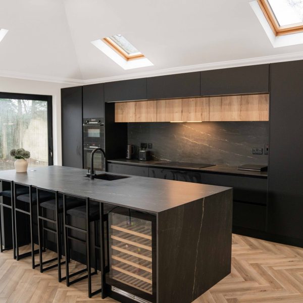Belvedere Black porcelain worktop with large island in Dublin